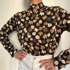 Fall Leaves Print Turtleneck Top